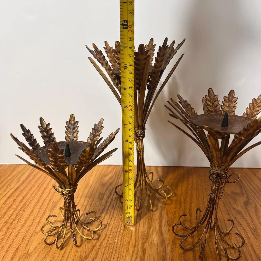 Vintage Wheat Sheaf Candle Holders Set of 3 Gold Metal Tole Hollywood Regency